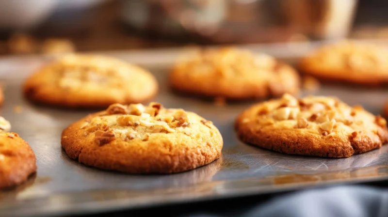 Freshly baked cookies with walnuts on a metal tray in a kitchen