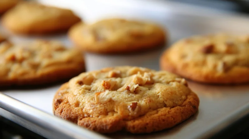 Freshly baked chocolate chip walnut cookies on a baking tray