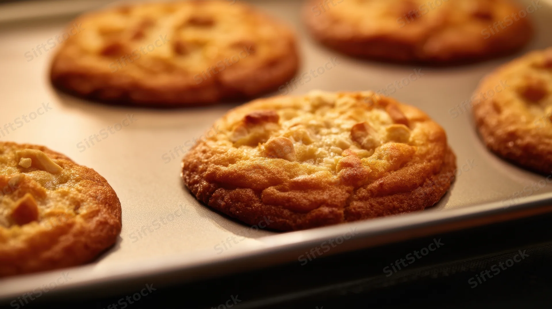 Freshly baked chocolate chip cookies on a baking tray in the oven