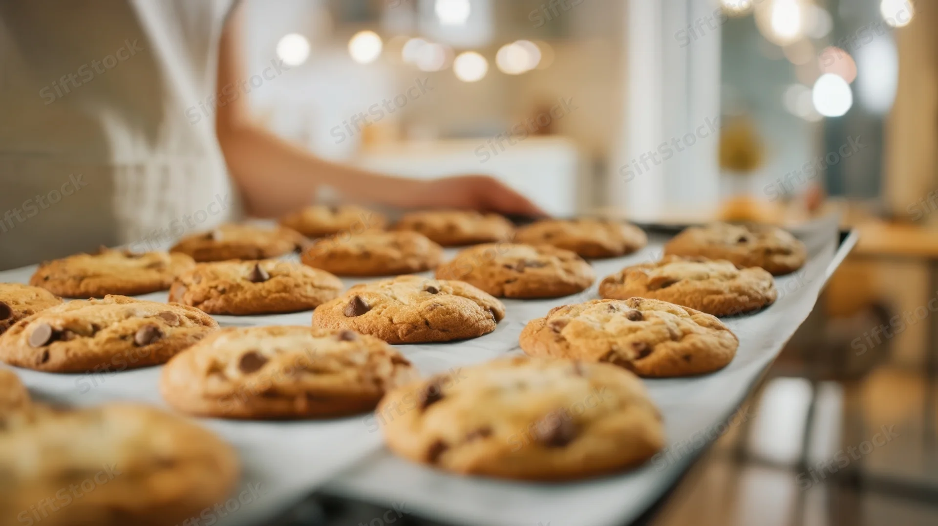 Woman holding tray of freshly baked chocolate chip cookies in a warm kitchen