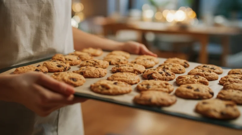 Woman holding tray of freshly baked chocolate chip cookies in a cozy kitchen