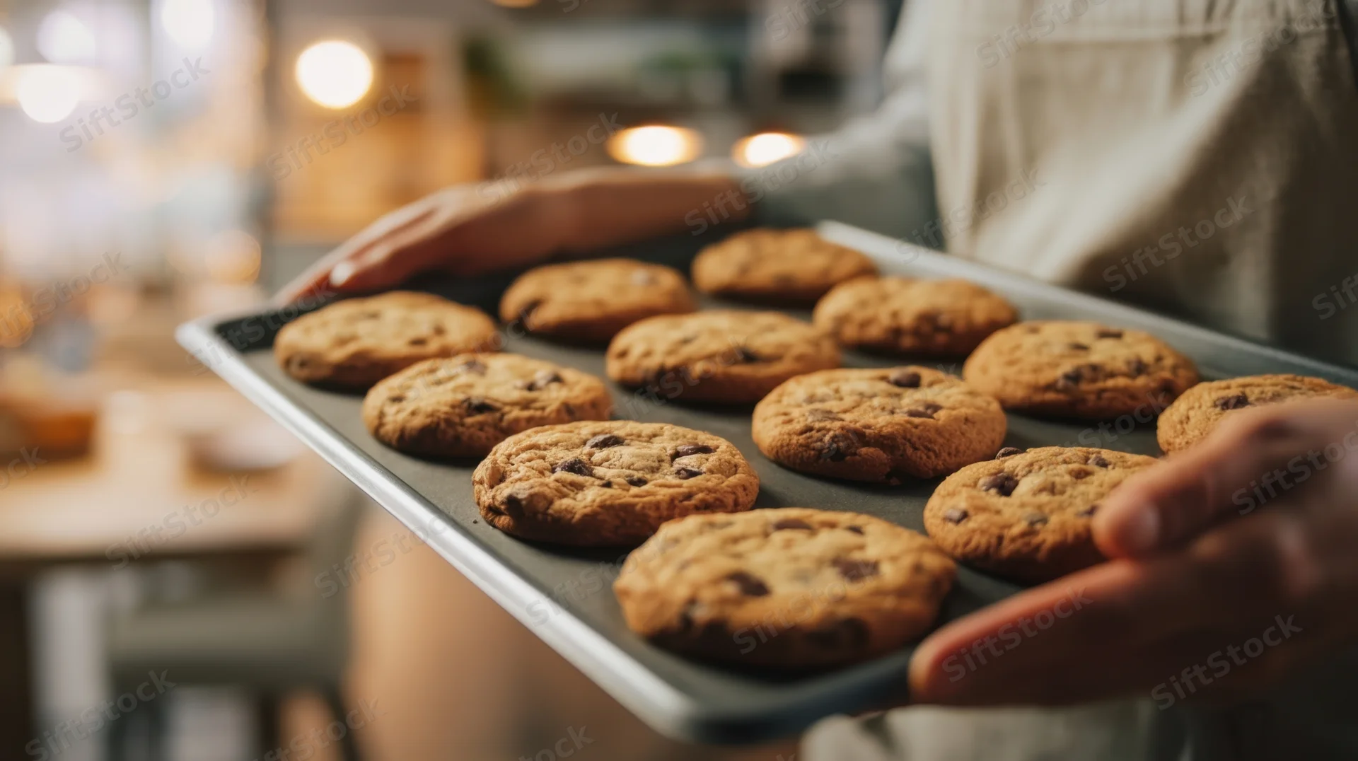 Woman holding tray of freshly baked chocolate chip cookies in kitchen
