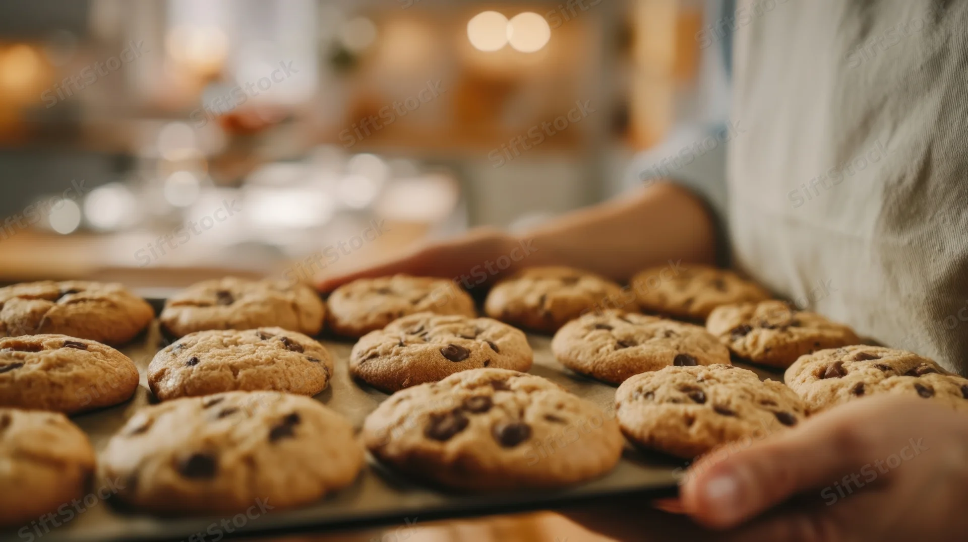 Woman holding tray of freshly baked chocolate chip cookies in kitchen