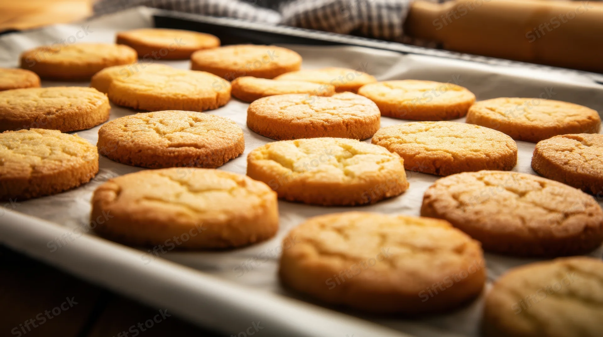 Freshly baked golden cookies arranged on a parchment-lined tray in a kitchen setting