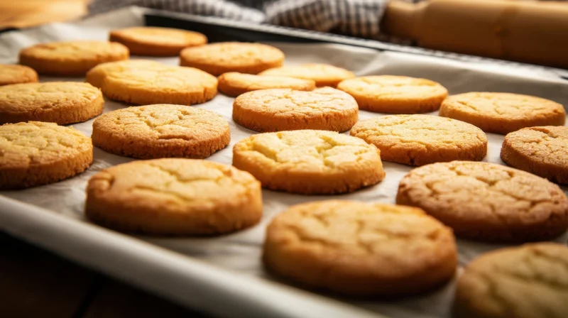 Freshly baked golden cookies arranged on a parchment-lined tray in a kitchen setting