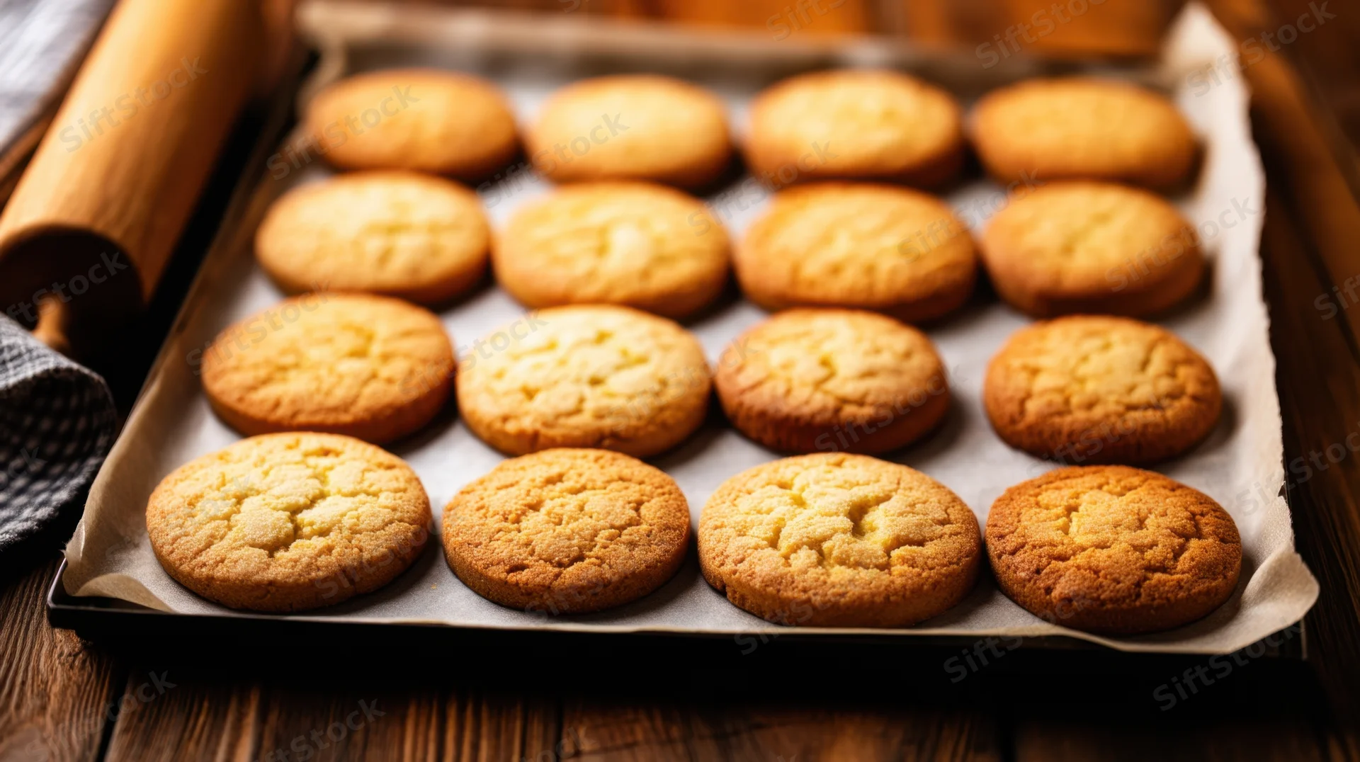 Freshly baked round cookies on parchment-lined tray on wooden table with rolling pin nearby