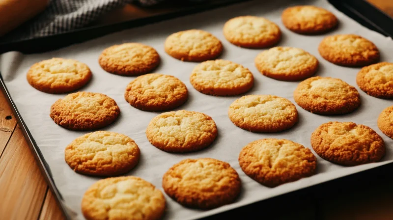 Freshly baked round cookies on parchment paper in a baking tray on wooden surface