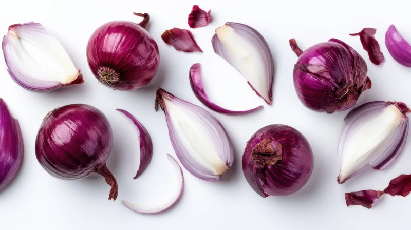 Red onions whole and sliced arranged on white surface
