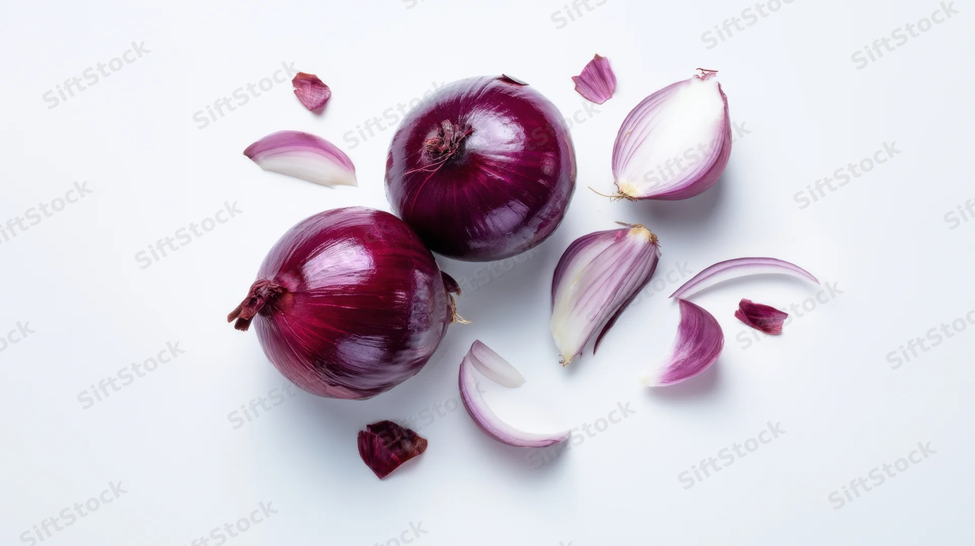 Whole and sliced red onions arranged on a white surface with scattered peels