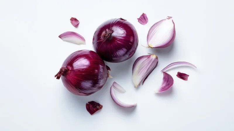 Whole and sliced red onions arranged on a white surface with scattered peels