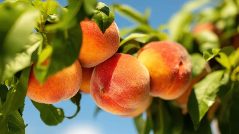 Ripe peaches hanging on a tree branch against a blue sky in an orchard