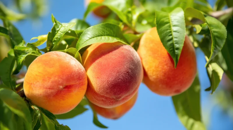 Ripe peaches hanging on a tree branch against a blue sky