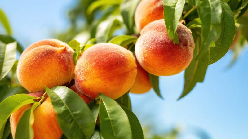 Ripe peaches hanging on a tree branch with green leaves against a blue sky