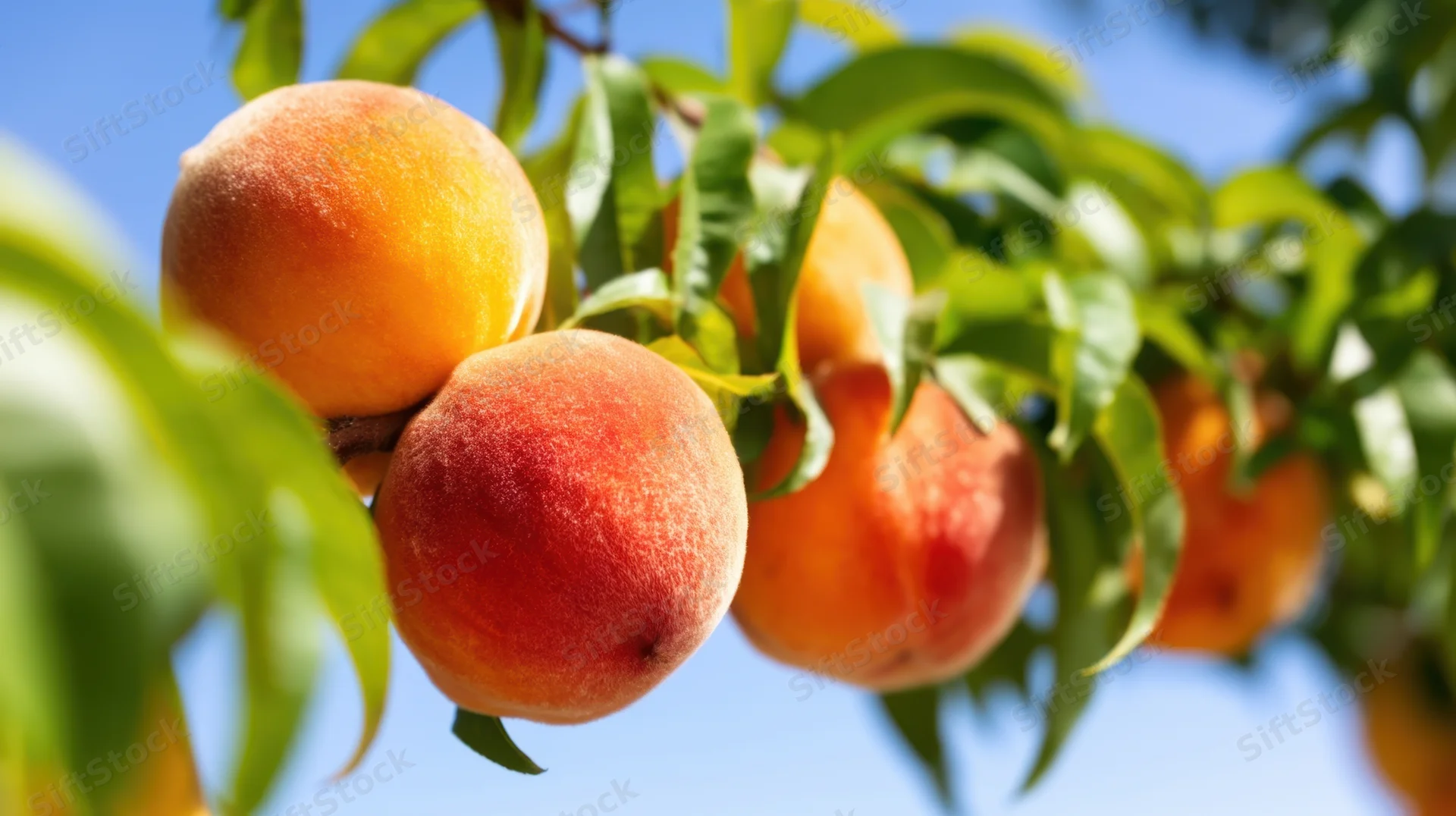 Ripe peaches hanging on a tree branch against a blue sky