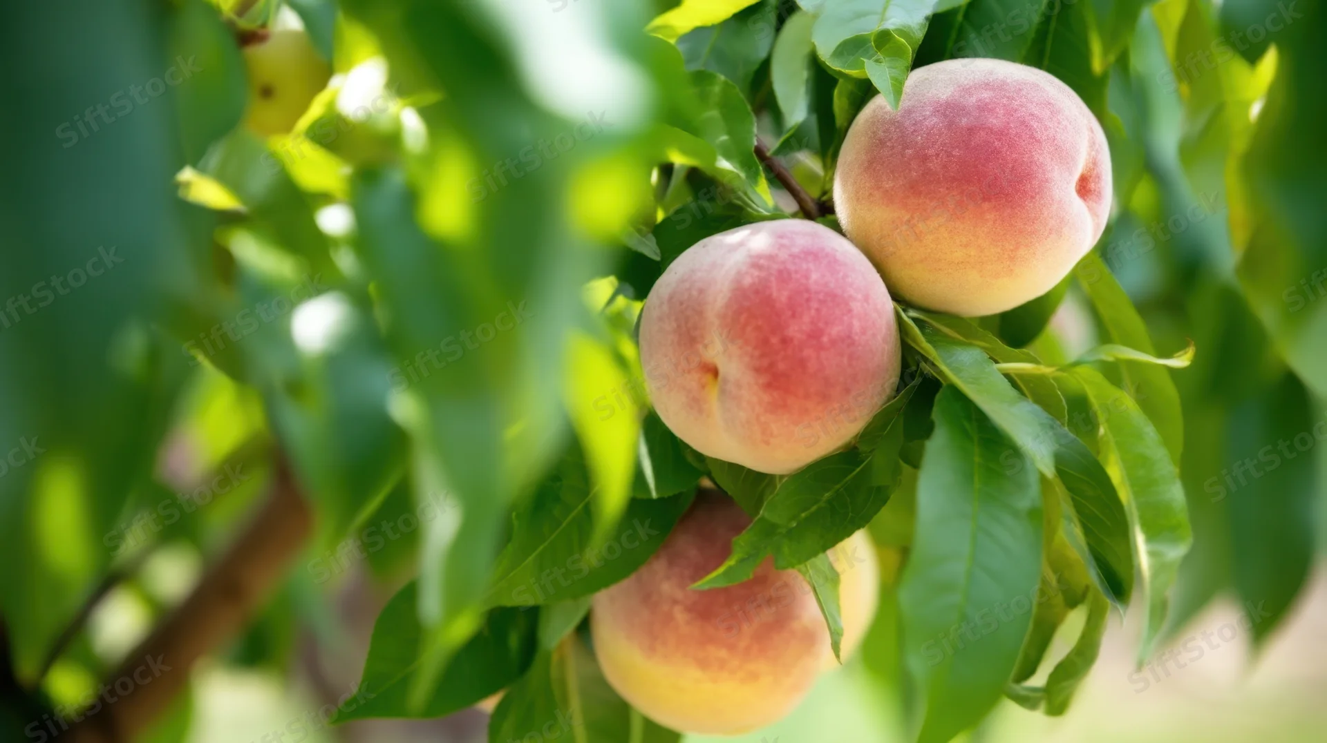 Ripe peaches hanging on a tree branch in a sunlit orchard