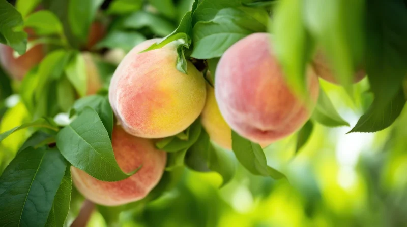 Ripe peaches hanging on a tree branch among green leaves in an orchard