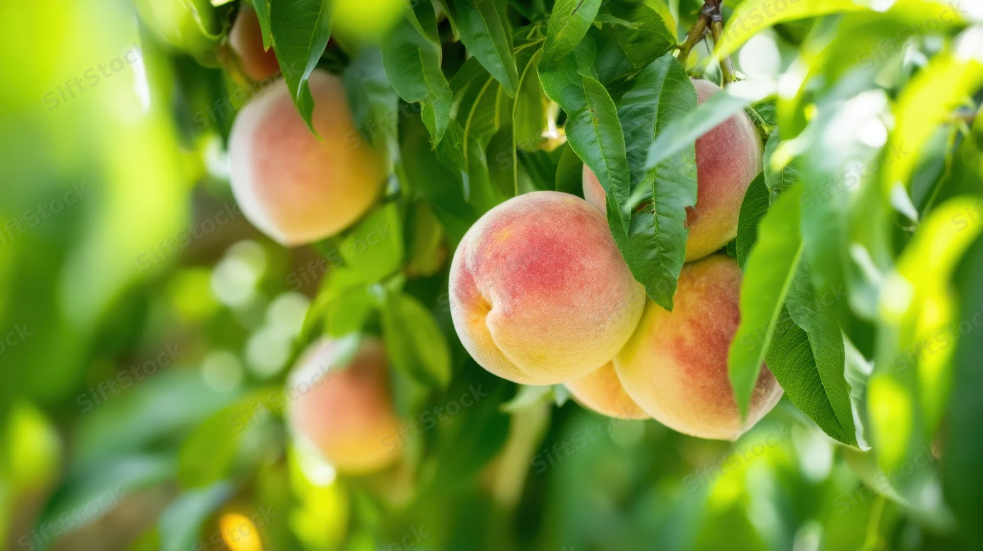 Ripe peaches hanging on a tree branch in a sunlit orchard
