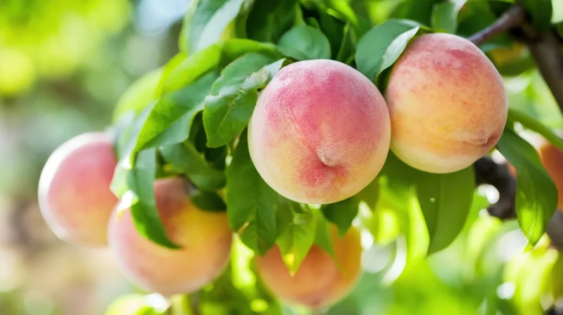 Ripe peaches hanging on a tree branch in a sunlit orchard