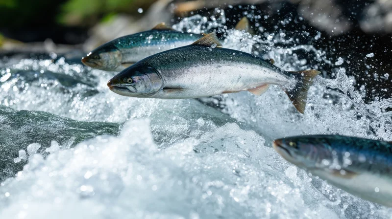 Salmon swimming upstream in a fast-moving river with splashing water