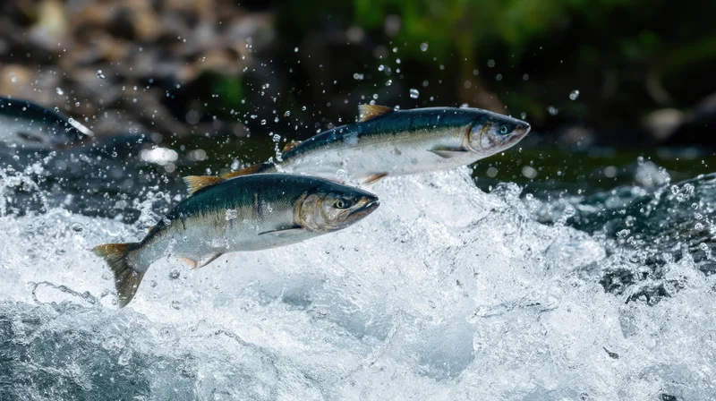 Salmon jumping out of a river with splashing water
