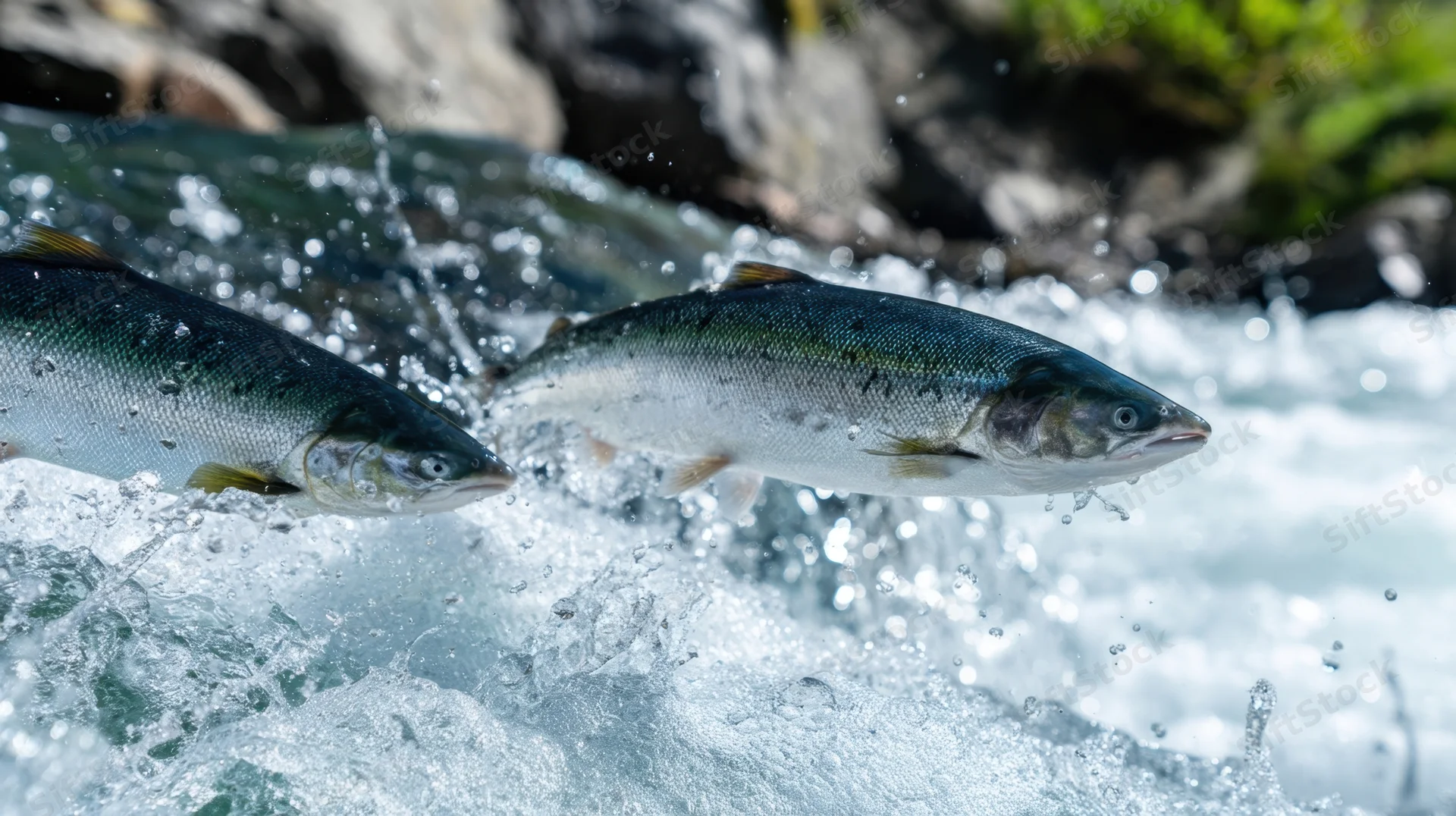 Two salmon swimming upstream in a fast-flowing river with splashing water and rocks in the background
