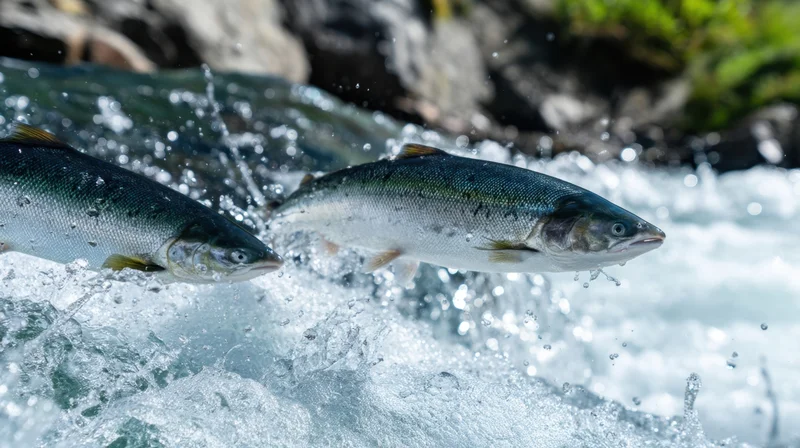 Two salmon swimming upstream in a fast-flowing river with splashing water and rocks in the background