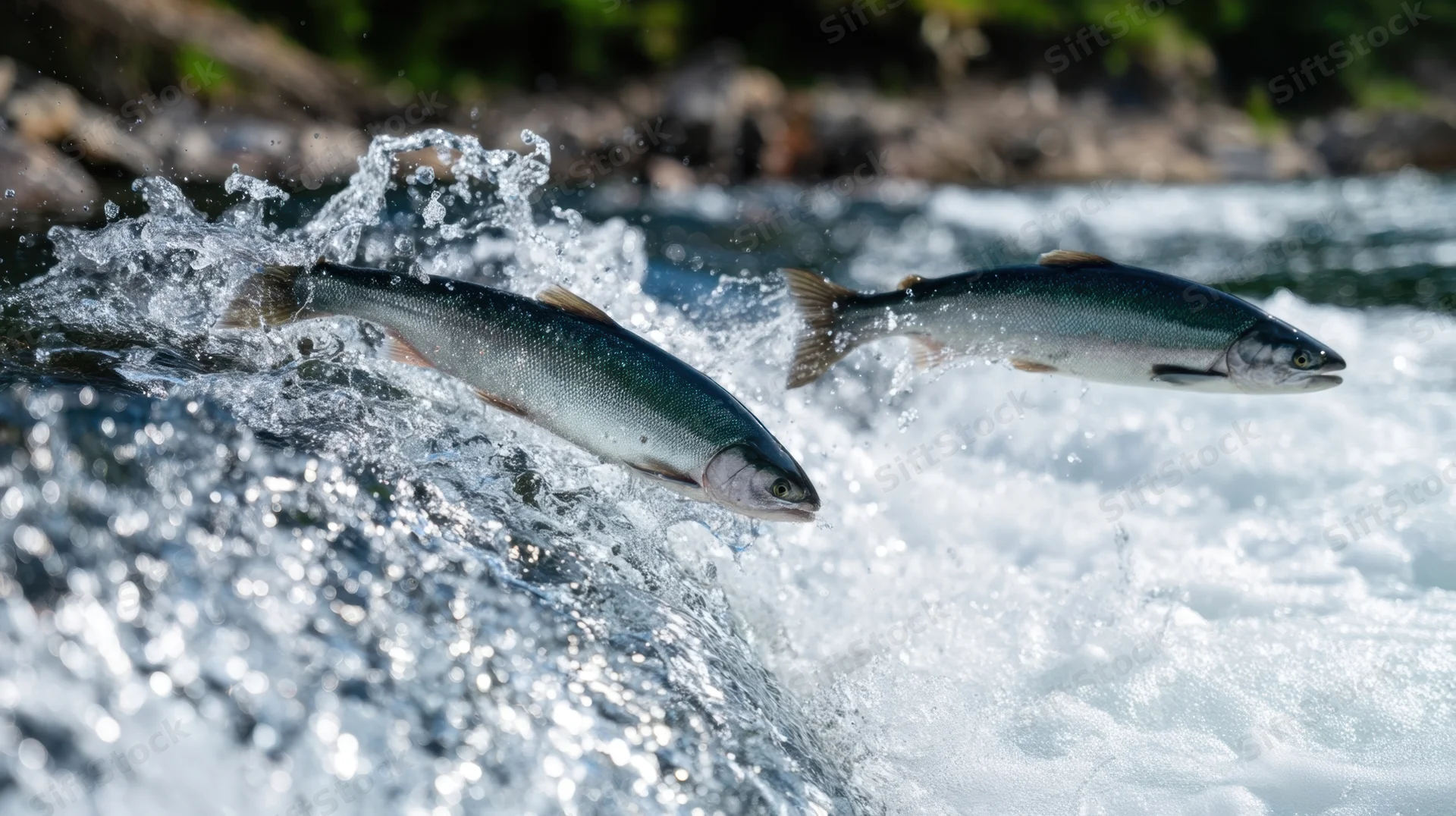 Two salmon leaping out of a rushing river with splashing water and rocky banks in the background