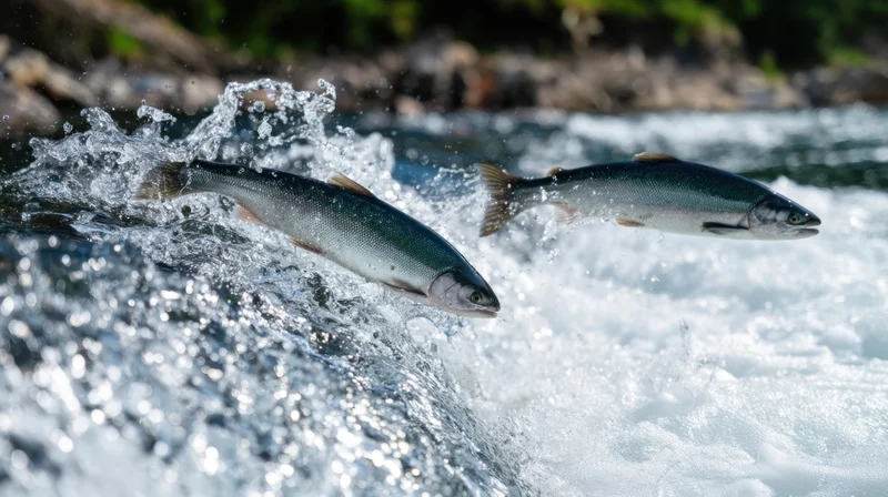 Two salmon leaping out of a rushing river with splashing water and rocky banks in the background