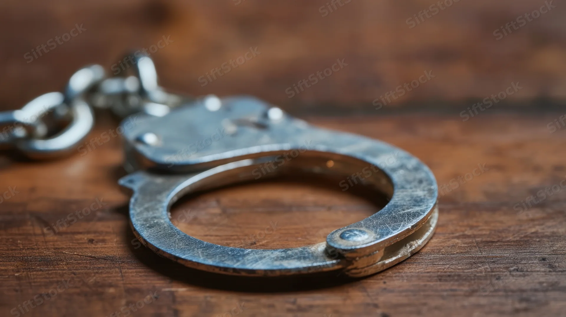 Silver handcuffs resting on a wooden surface