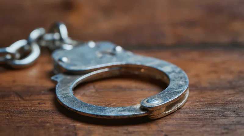 Silver handcuffs resting on a wooden surface
