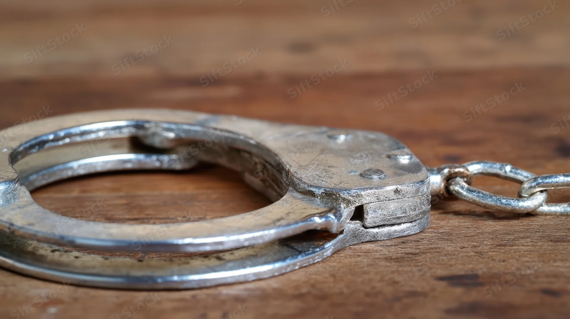 Silver handcuffs resting on a wooden surface
