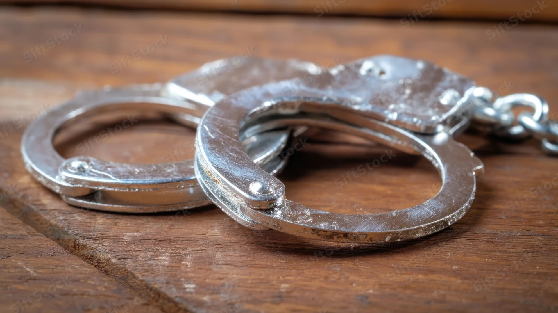 Silver handcuffs resting on a wooden surface