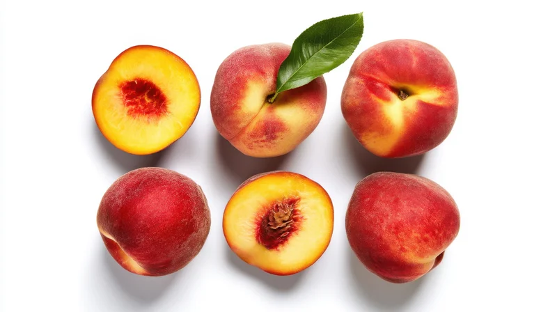Six peaches arranged in two rows with two halves showing flesh and pit on white background