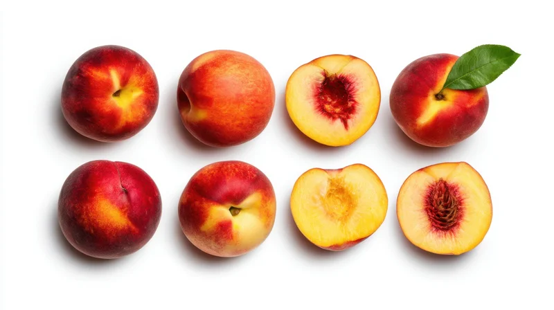 Six peaches arranged in two rows on white background, whole and halved with one leaf attached