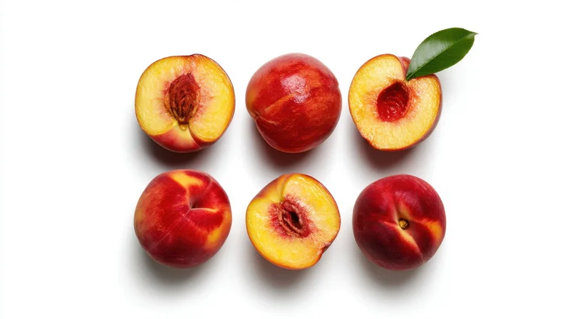 Six peaches arranged in two rows with some halved and one with a leaf on white background