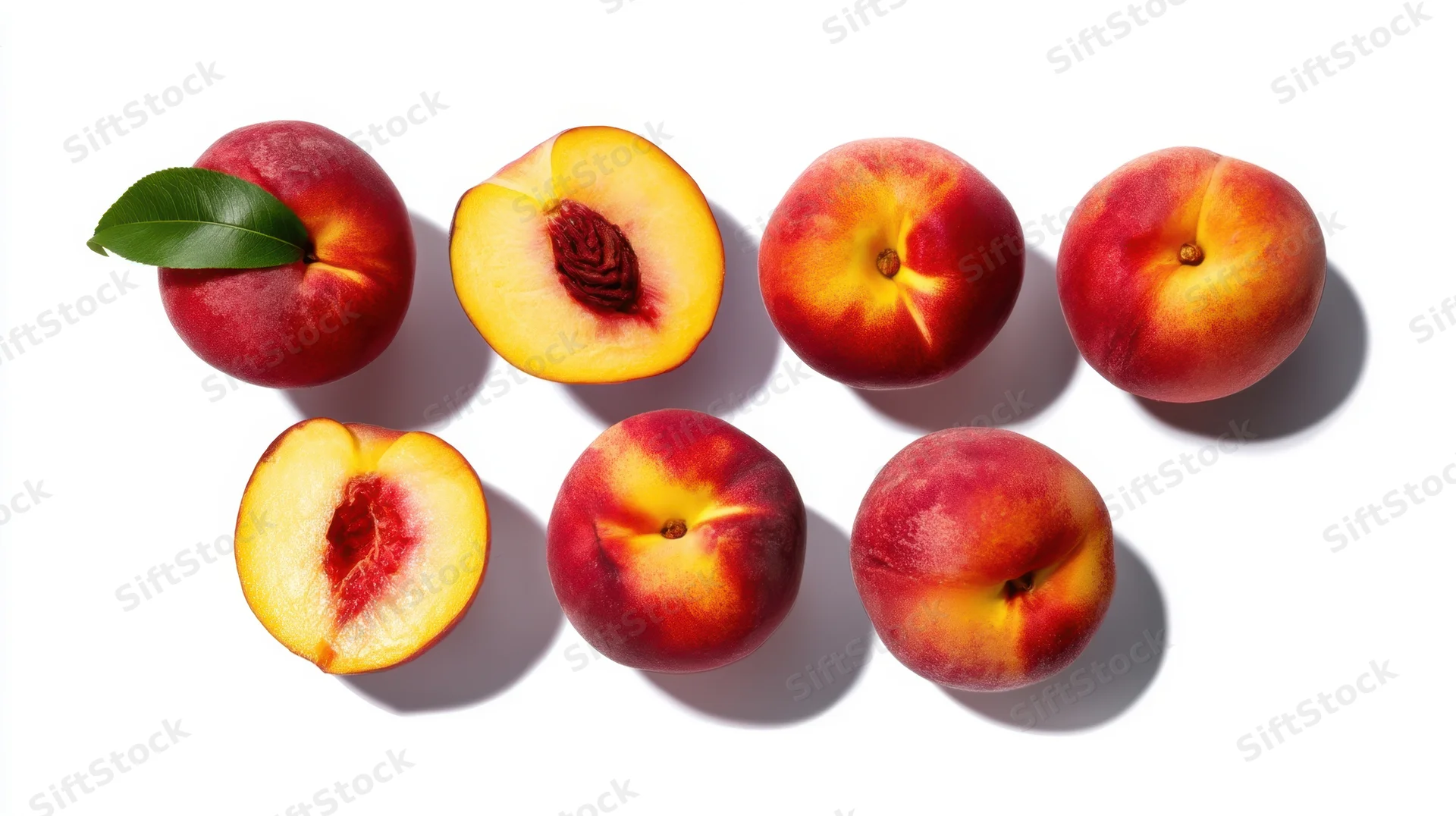 Six peaches arranged on white background, some whole and some halved, one with a leaf attached