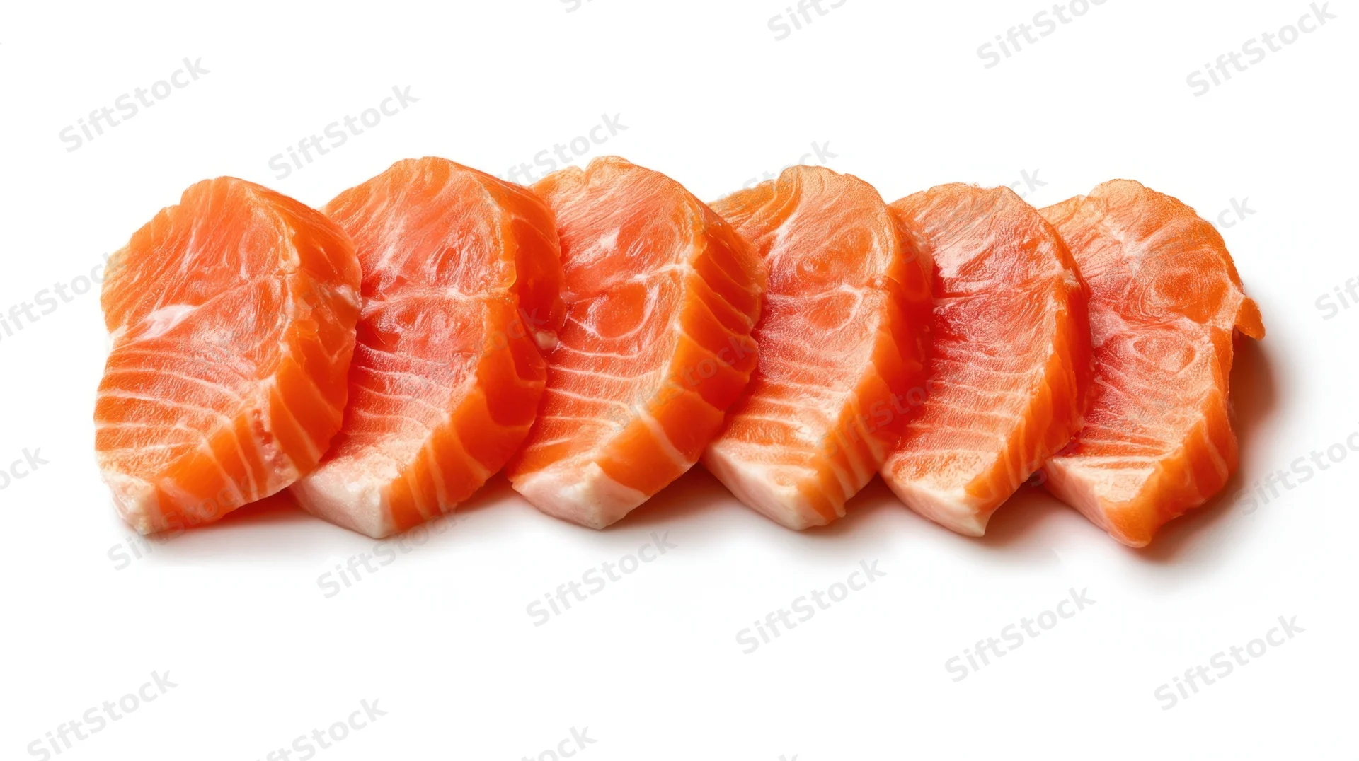 Six raw salmon fillets arranged in a row on a white background