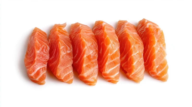 Six raw salmon fillets arranged in a row on a white background