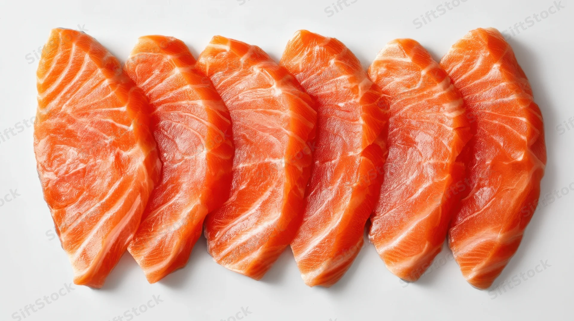 Six raw salmon fillets arranged in a row on a white surface