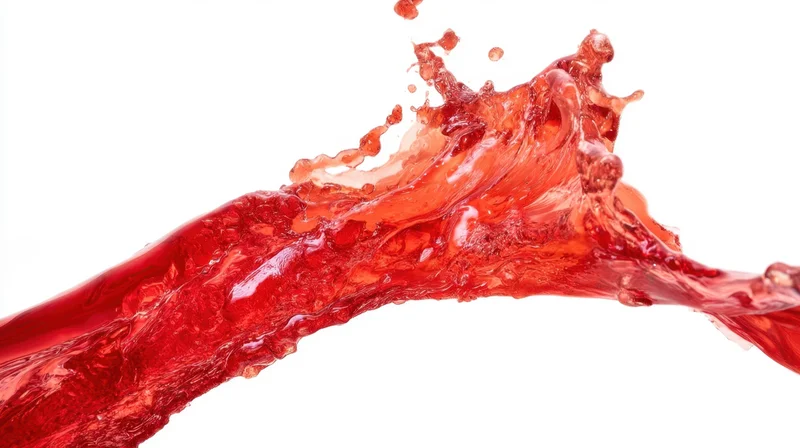 Red liquid splashing in mid-air against white background