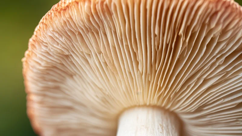 Closeup of mushroom gills under cap in natural setting