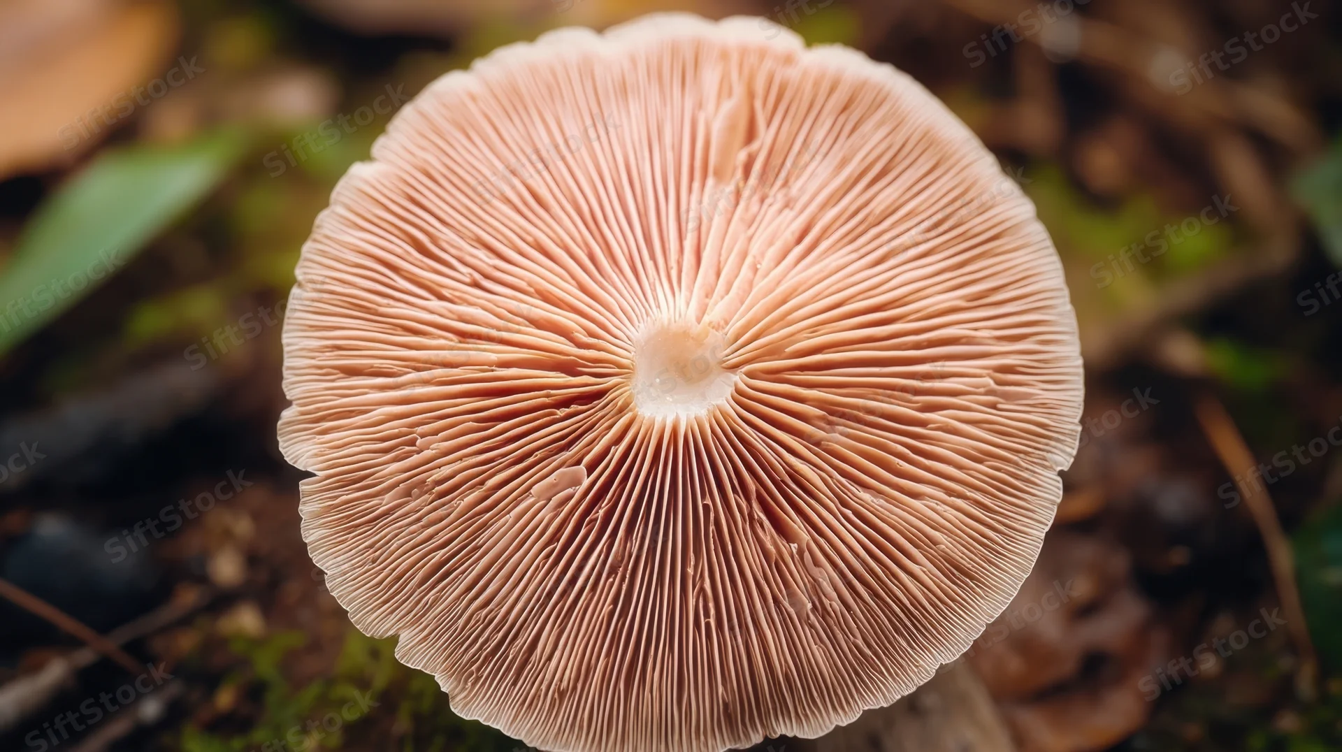 Underside of a mushroom with visible gills in a forest setting