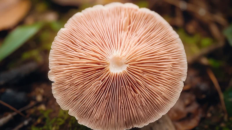 Underside of a mushroom with visible gills in a forest setting