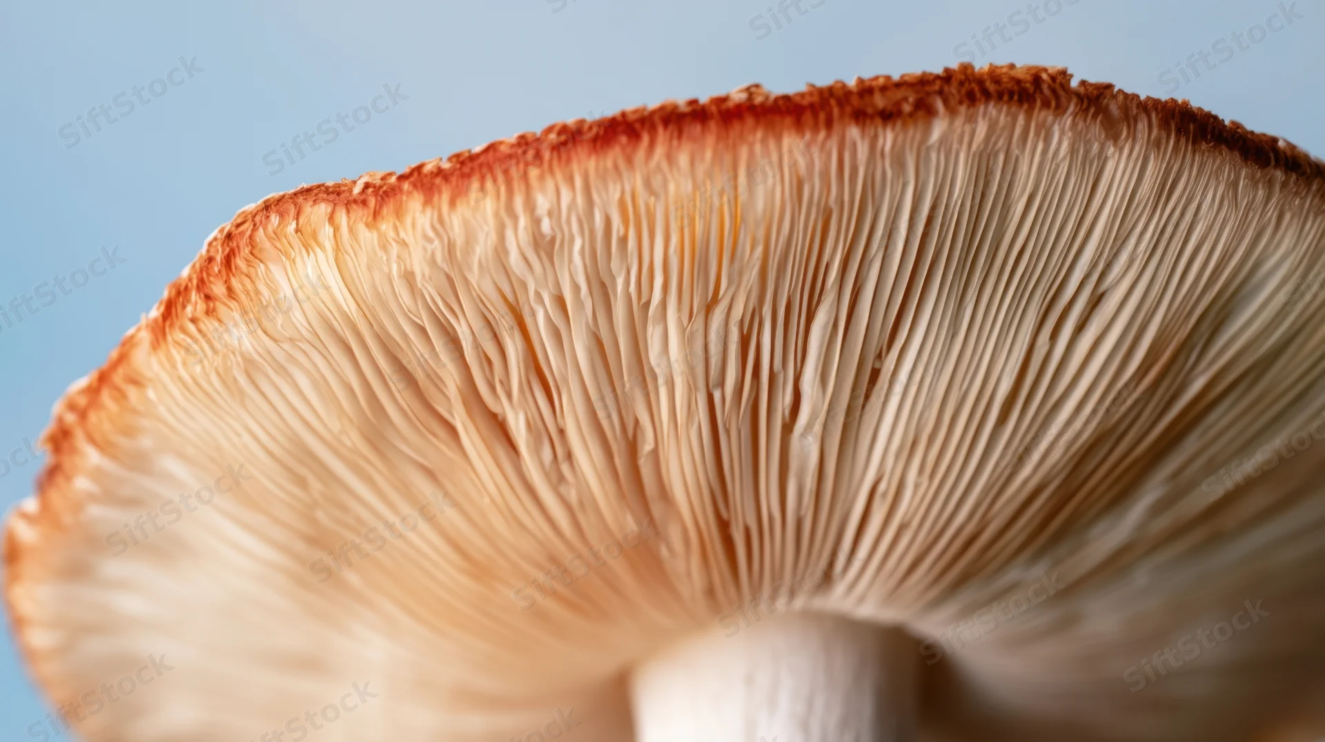 Closeup of mushroom gills showing detailed texture against light blue background