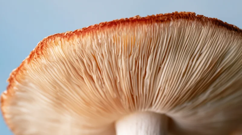 Closeup of mushroom gills showing detailed texture against light blue background