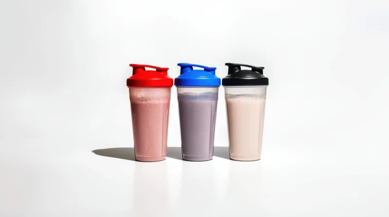 Three protein shakers filled with colored shakes on white background