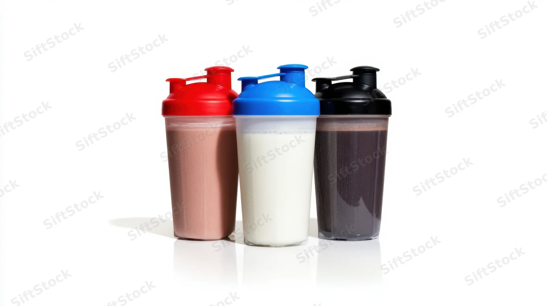 Three protein shaker bottles filled with different flavored shakes on white background