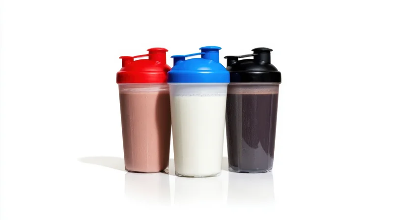 Three protein shaker bottles filled with different flavored shakes on white background