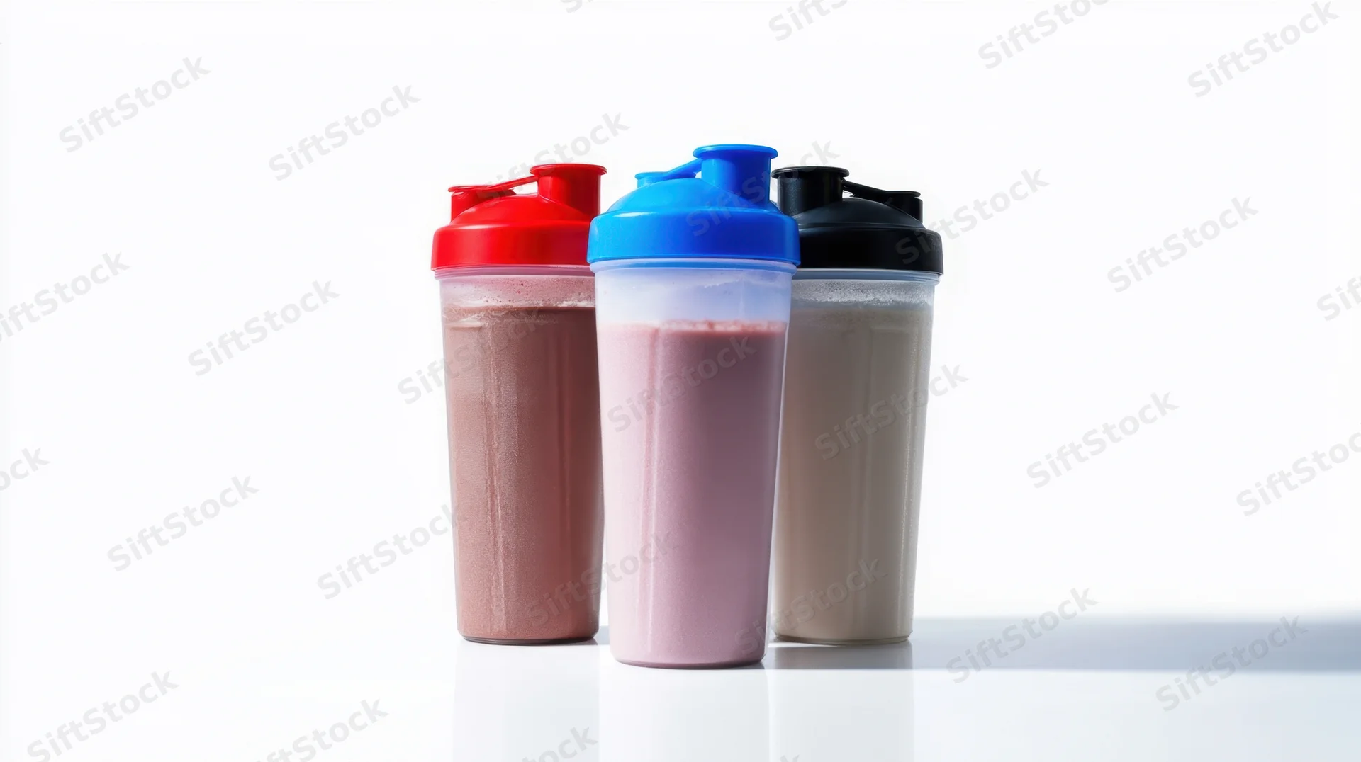 Three protein shakers filled with different colored shakes on a white surface