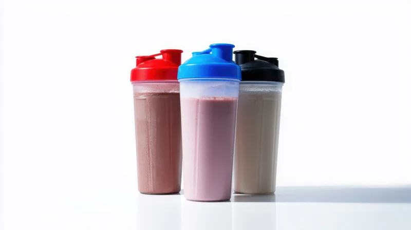 Three protein shakers filled with different colored shakes on a white surface